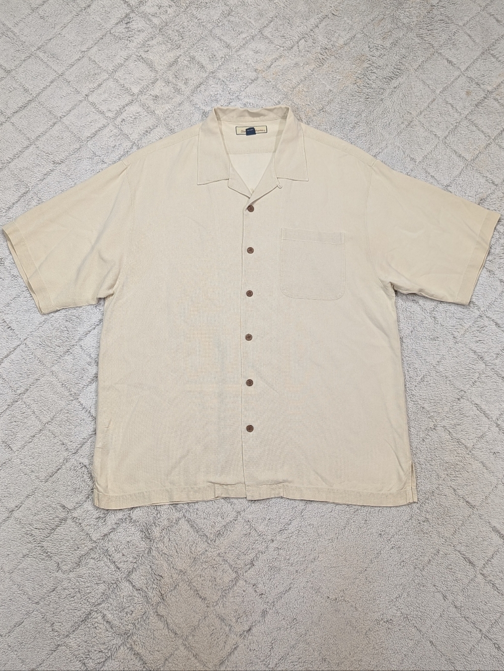 Tommy Bahama Shirt Mens XL Beige Camp Silk Embroidered Cigar Club Pinup Girl